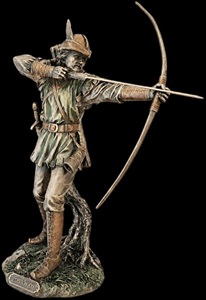 Kunstnerisk Robin Hood statue med sværd, pilekogger og karakteristisk hat